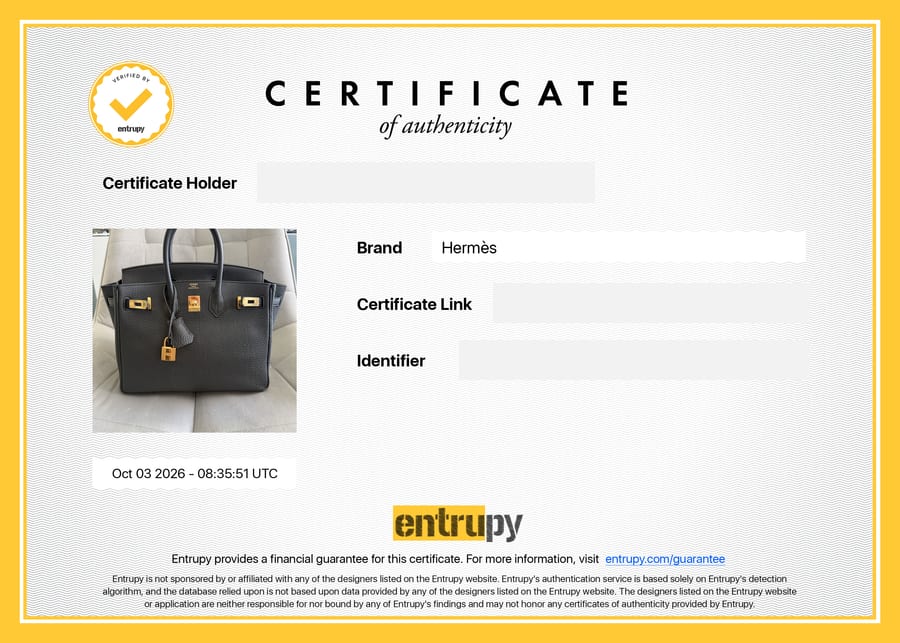 Сертификат Entrupy: Hermès, сумка, 4 октября