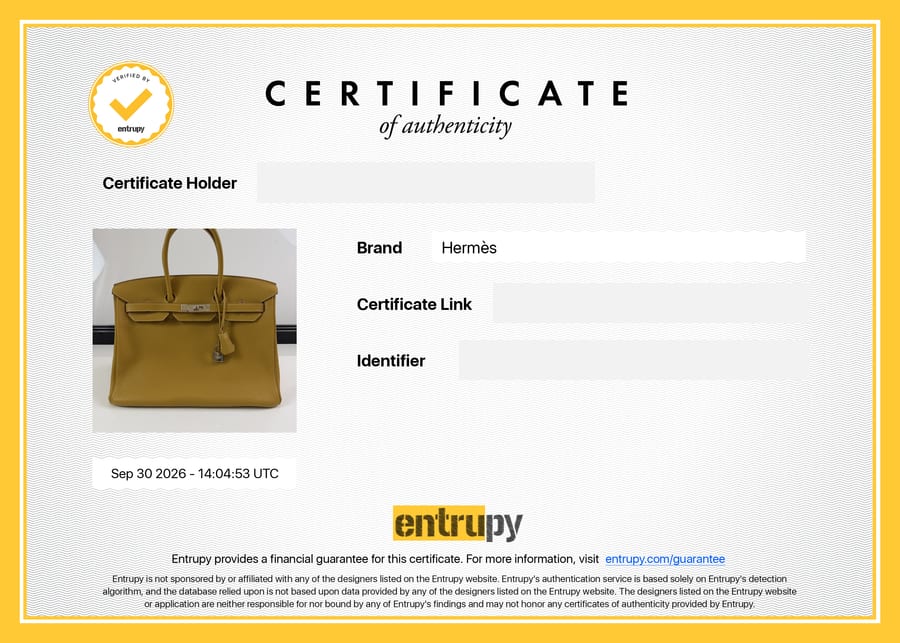 Сертификат Entrupy: Hermès, сумка, 1 октября