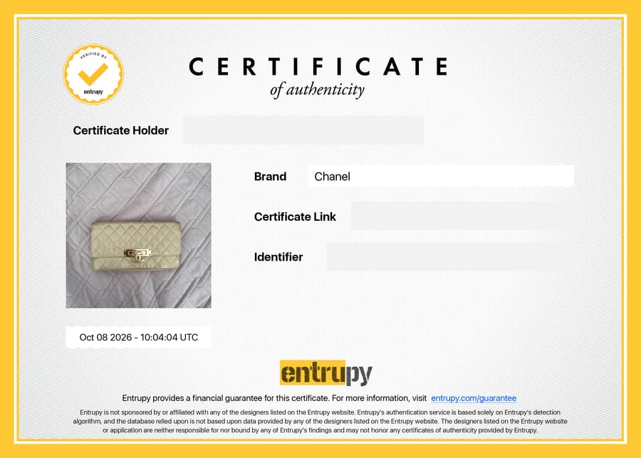 Сертификат Entrupy: Chanel, сумка, 8 октября