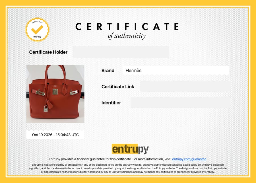 Сертификат Entrupy: Hermès, сумка, 20 октября