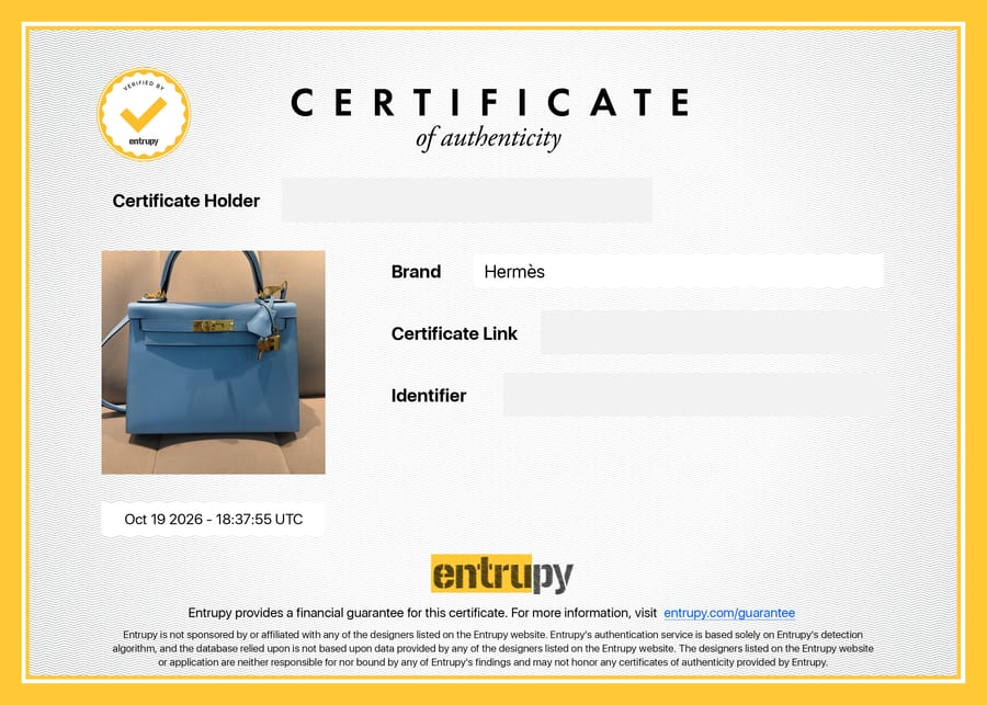 Сертификат Entrupy: Hermès, сумка, 20 октября